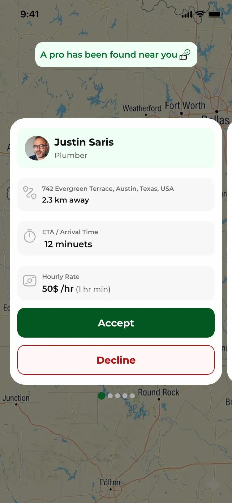 Rushr app showing a matched plumber with accept and decline