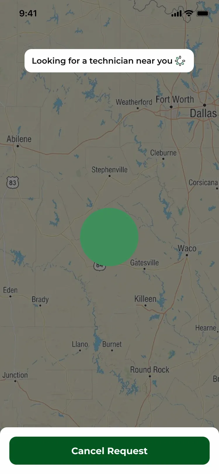 Rushr app searching for a technician nearby