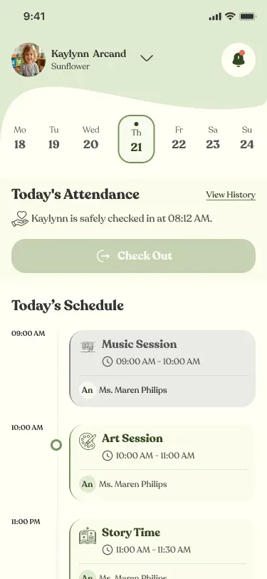 Yawmy Care parent app: today’s attendance and schedule