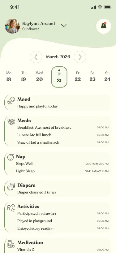 Yawmy Care parent app: daily log with mood, meals and nap